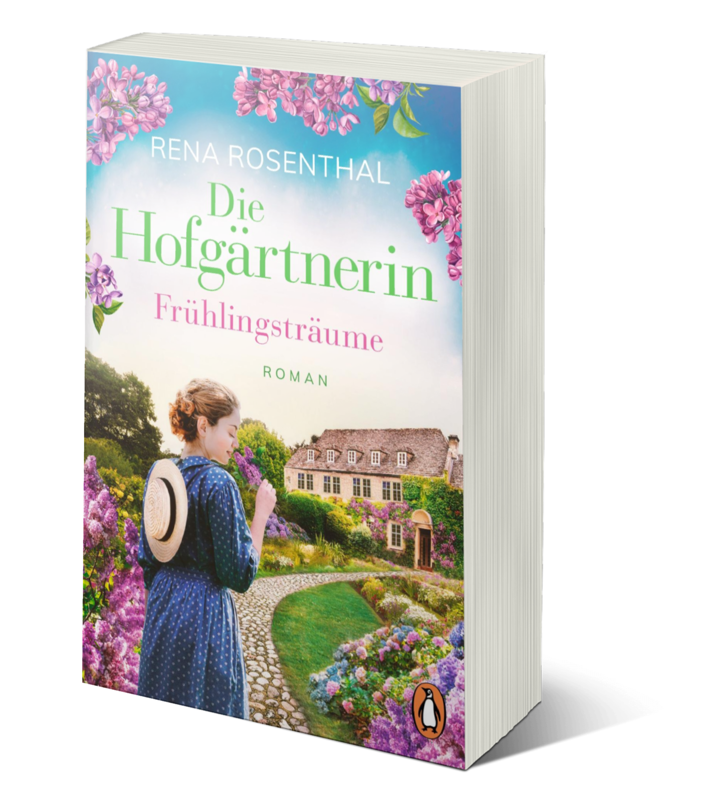 Ein historischer Roman mit einer jungen Gärtnerin und Flieder auf dem Cover.